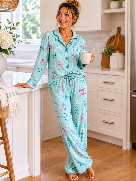 delicates Other - Delicates Cat Print Cotton Pajama Set Cozy Playful Lounge Large Sleepwear